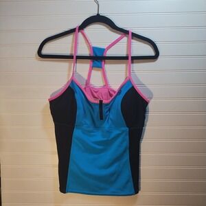 ZeroXposur Swimwear Tankini Top Blue Pink Black Zip Front Size 14 Y2K Style